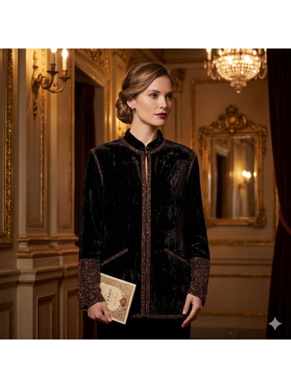Soft Surroundings Black Velvet Beaded Jacket 1X Bronze Boho Gothic Glam Topper